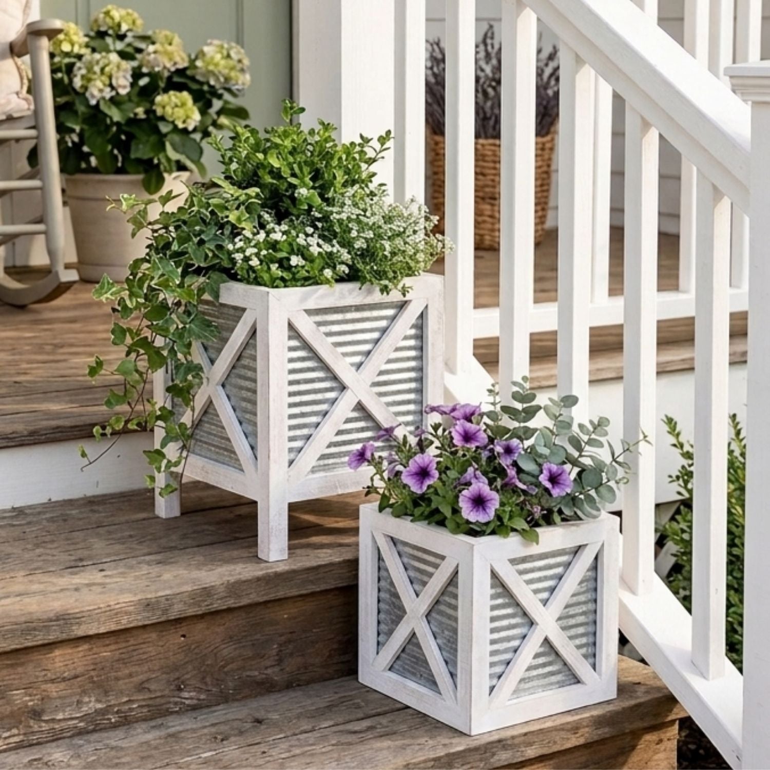 White Barn Door Indoor Planter Set - Rustic Farmhouse Home Decor