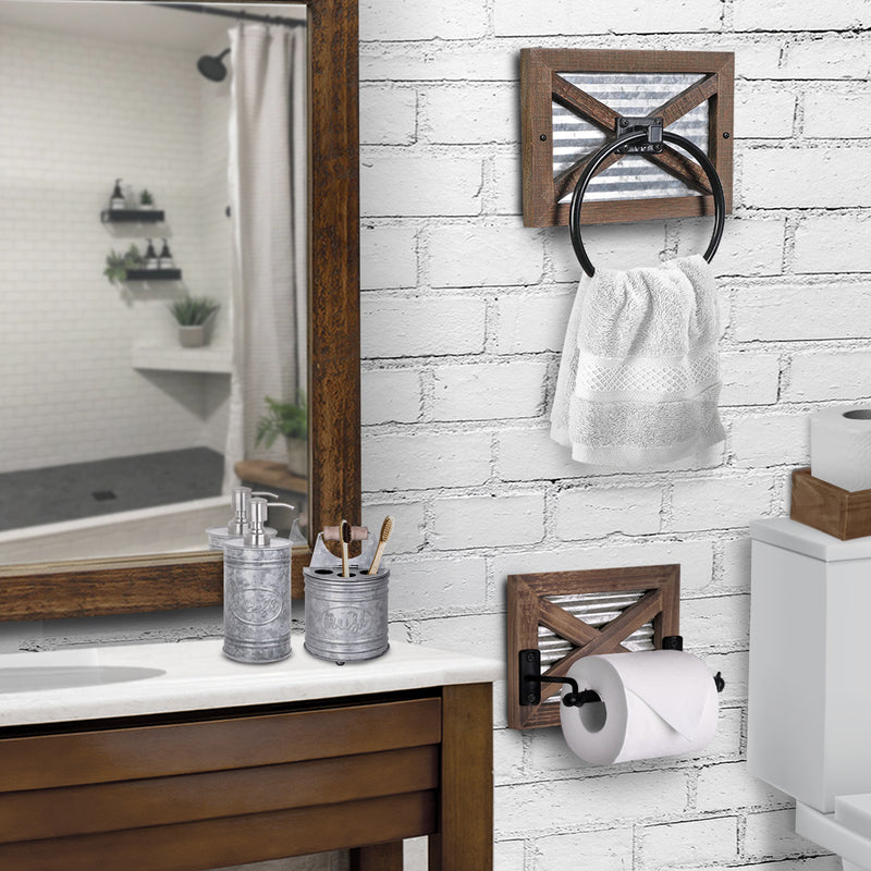Barn Door Bathroom Towel Ring and Toilet Paper Holder Set
