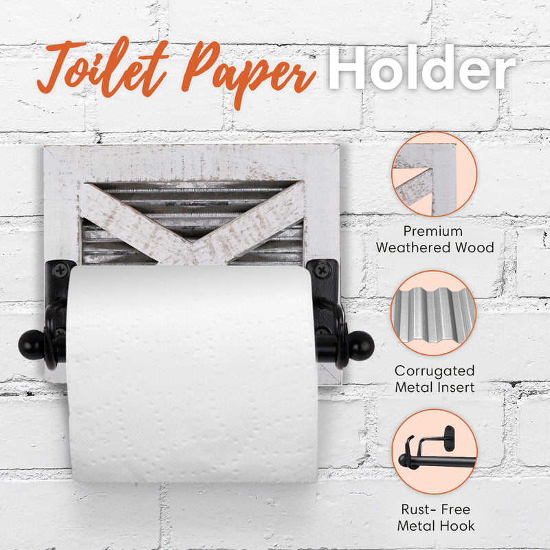 White Barn Door Bathroom Towel Ring and Toilet Paper Holder Set