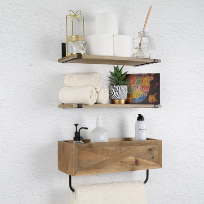 Wooden Barn Door Bathroom Floating Shelves and Towel Rack