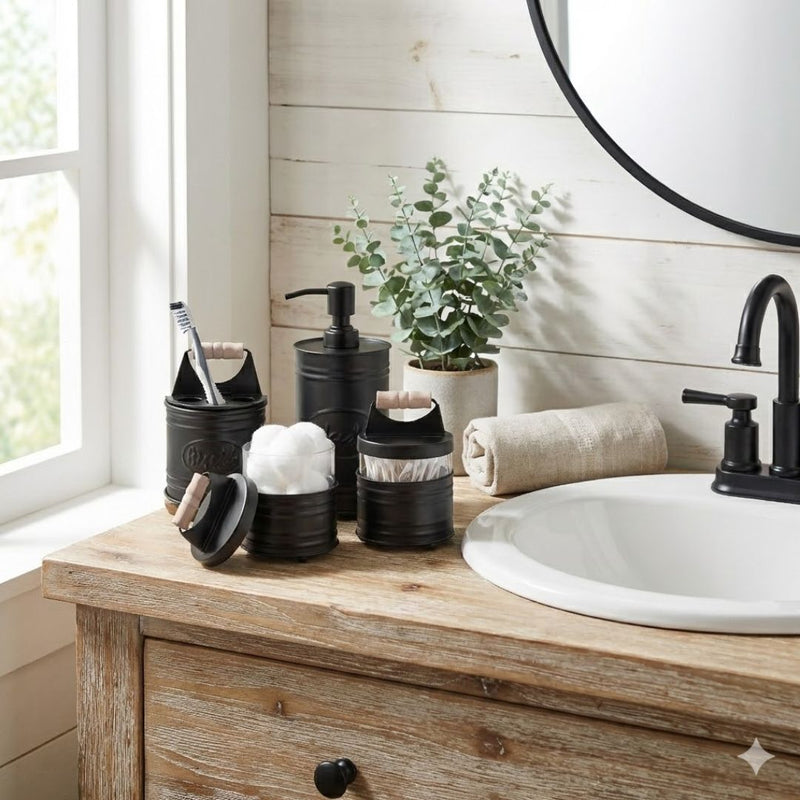 Matte Black Farmhouse Bathroom Accessory Set | Rustic Metal Bath