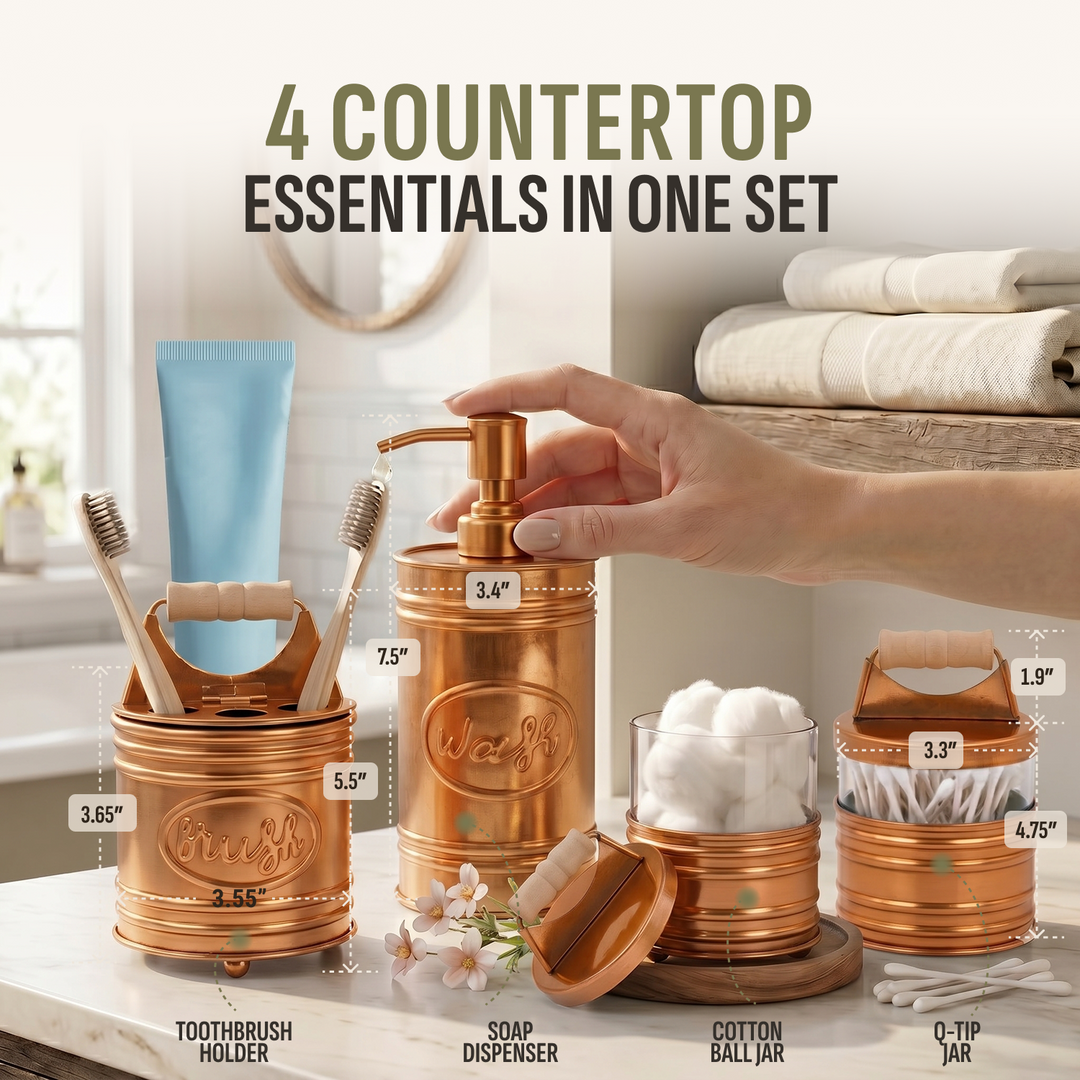 Copper Farmhouse Bathroom Accessory Set | Rustic Metal Bath Décor