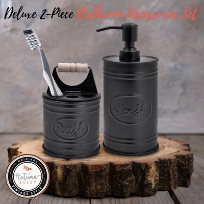 'Deluxe 2-Piece Bathroom Accessories Set' Autumn Alley Matte Black 2 Piece Bathroom Set with Soap Dispenser and Toothbrush Holder on Wooden Block