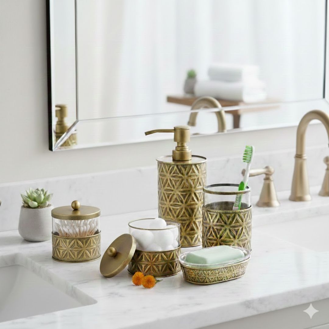 5-Piece Champagne Gold Bathroom Accessories Set 5-Piece Champagne Gold Bathroom Accessories Set
