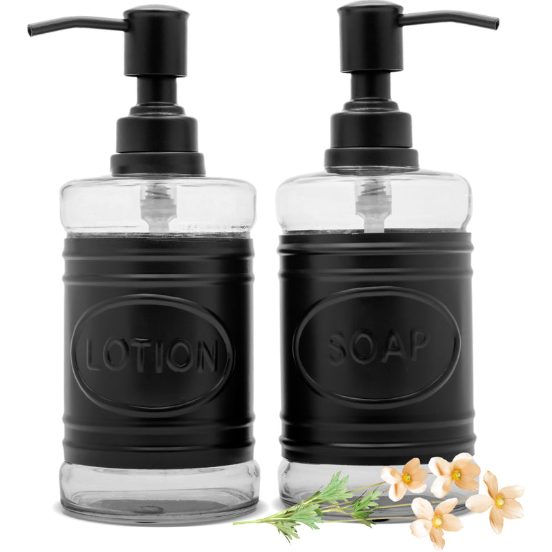 Glass and Black Metal Soap Dispenser Set