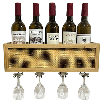 Wall Mounted Wine Rack with Glass Storage and Rattan Accent