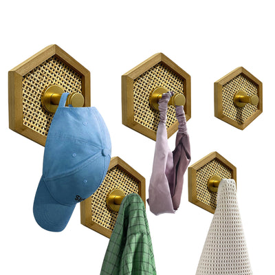 Set of 5 Hexagon Wood and Rattan Wall Hooks