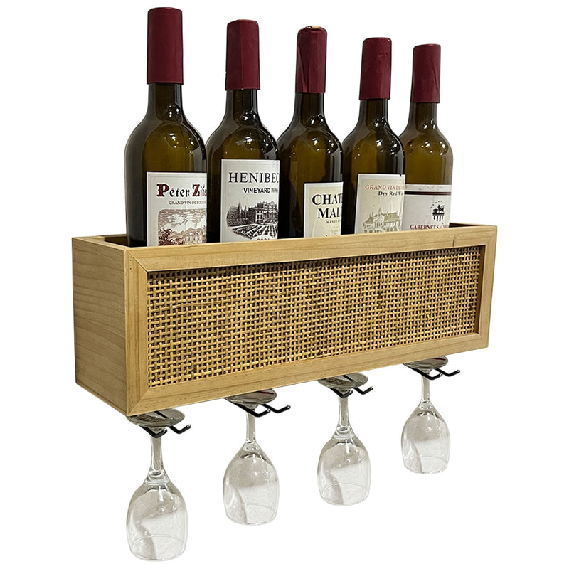 Wall Mounted Wine Rack with Glass Storage and Rattan Accent