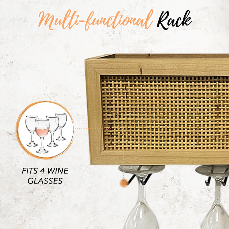 Wall Mounted Wine Rack with Glass Storage and Rattan Accent