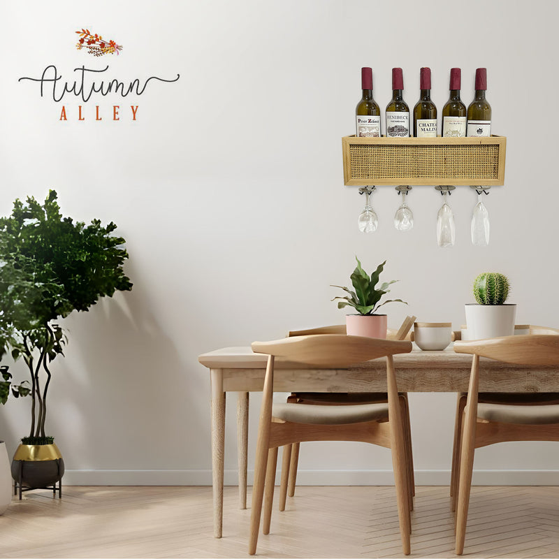 Wall Mounted Wine Rack with Glass Storage and Rattan Accent