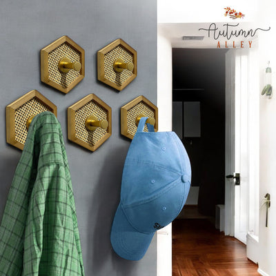 Set of 5 Hexagon Wood and Rattan Wall Hooks