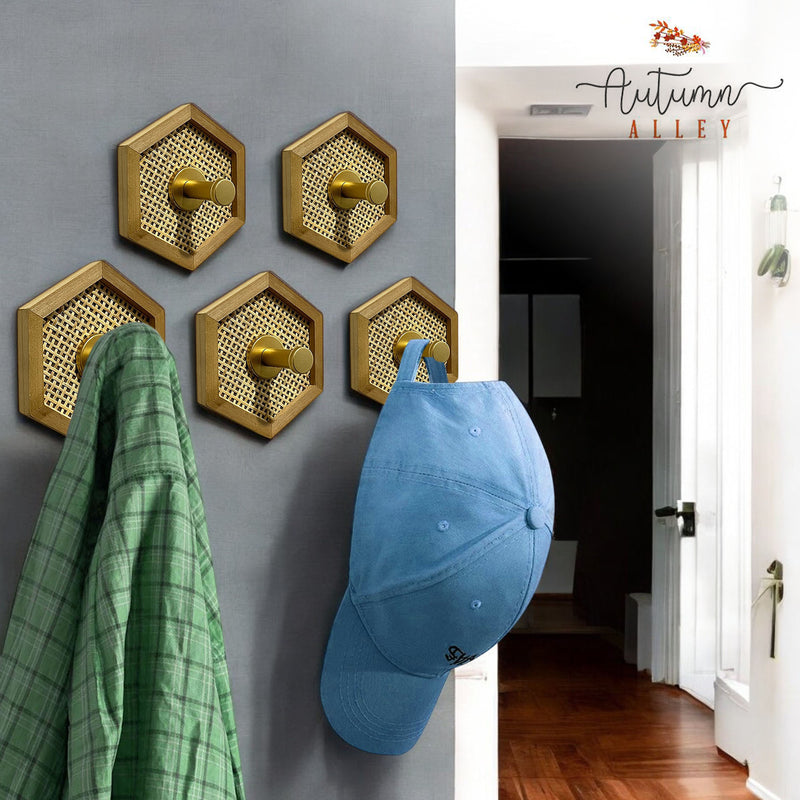 Set of 5 Hexagon Wood and Rattan Wall Hooks