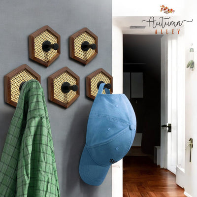 Set of 5 Hexagon Wood and Rattan Wall Hooks