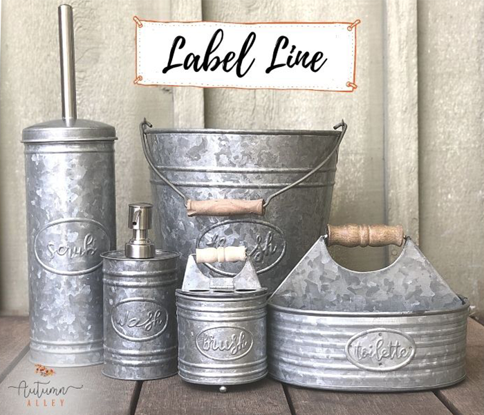 Autumn Alley Galvanized Label Line, Left to Right: Toilet Brush, Soap Dispenser, Bucket Trash Can, Toothbrush Holder, and Countertop Organizer
