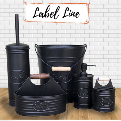 Autumn Alley Matte Black Label Line, Left to Right: Toilet Brush, Countertop Organizer, Bucket Trash Can, Soap Dispenser, and Toothbrush Holder