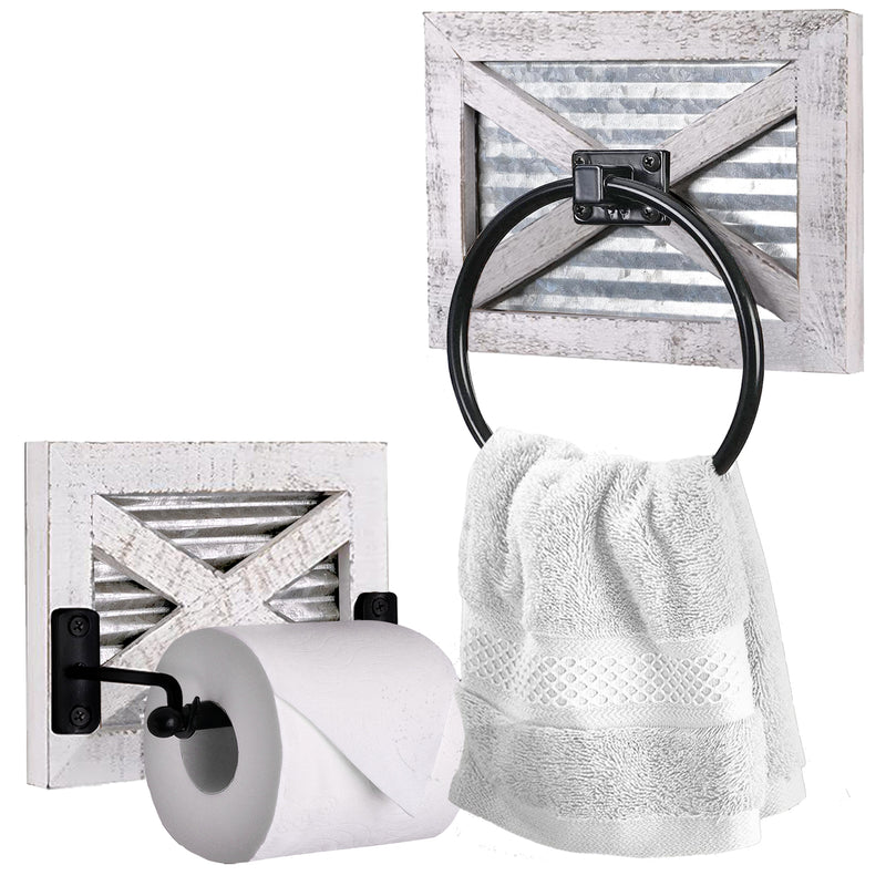 White Barn Door Bathroom Towel Ring and Toilet Paper Holder Set