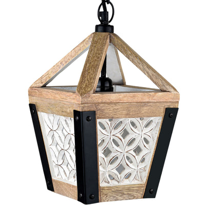 Carved Wood Hanging Wooden Lantern Pendant (Small)