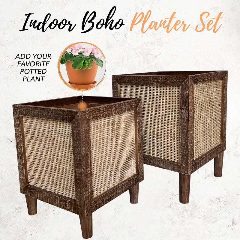 Boho Indoor Planter Set With Rattan Accent