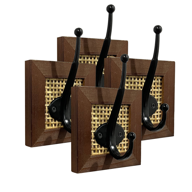 Set of 4 Wood and Rattan Wall Hooks