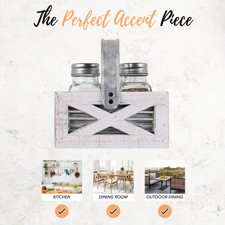 Salt and Pepper Shakers in Barn Door Caddy