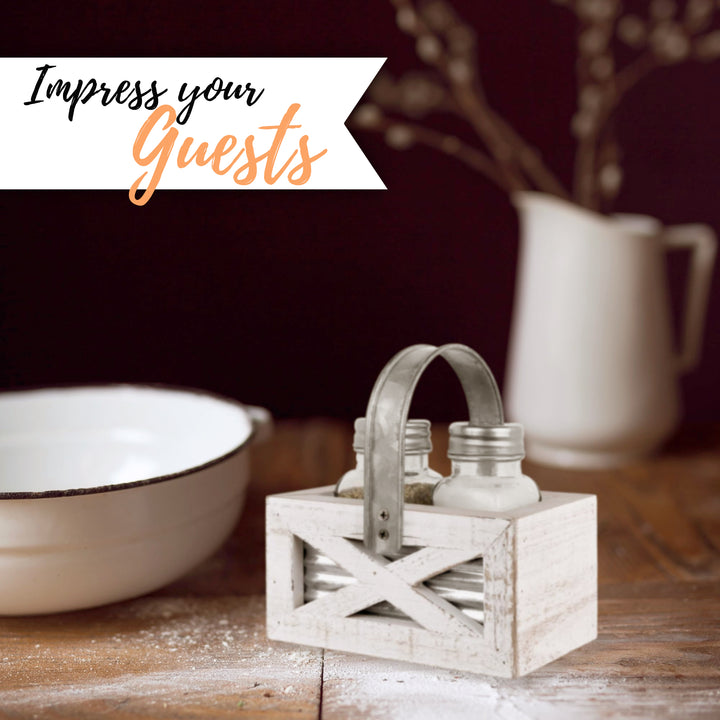 Salt and Pepper Shakers in Barn Door Caddy