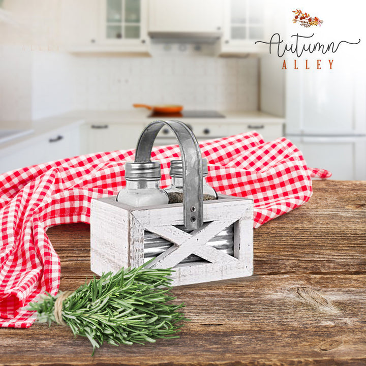Salt and Pepper Shakers in Barn Door Caddy