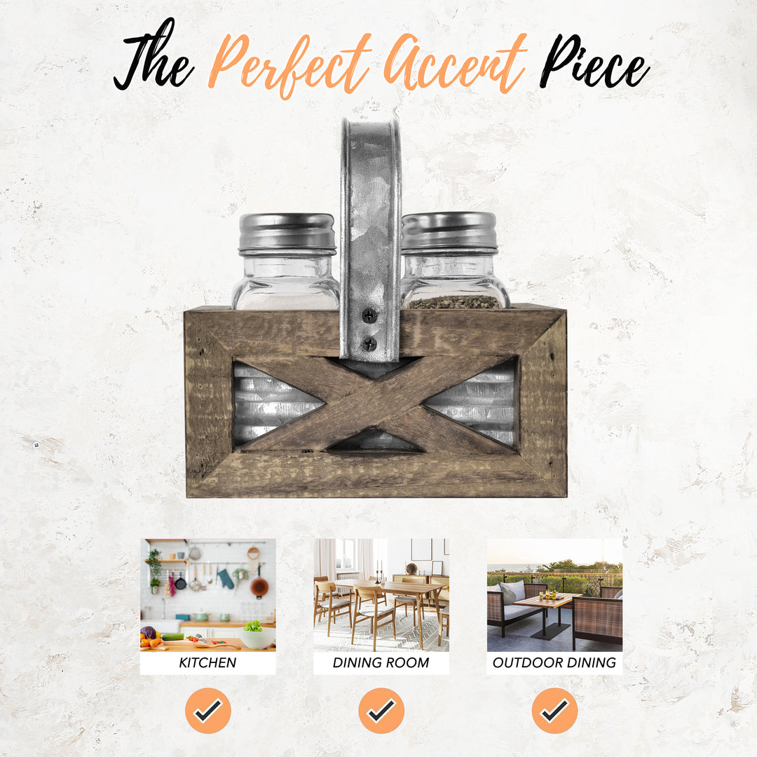 Salt and Pepper Shakers in Barn Door Caddy