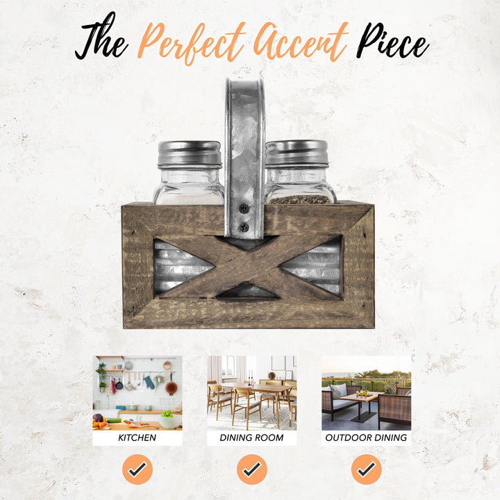 Salt and Pepper Shakers in Barn Door Caddy