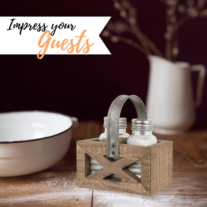 Salt and Pepper Shakers in Barn Door Caddy
