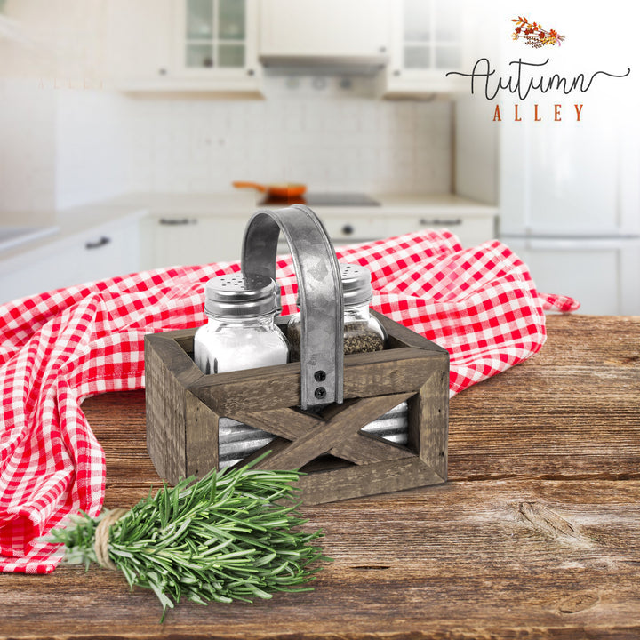 Salt and Pepper Shakers in Barn Door Caddy