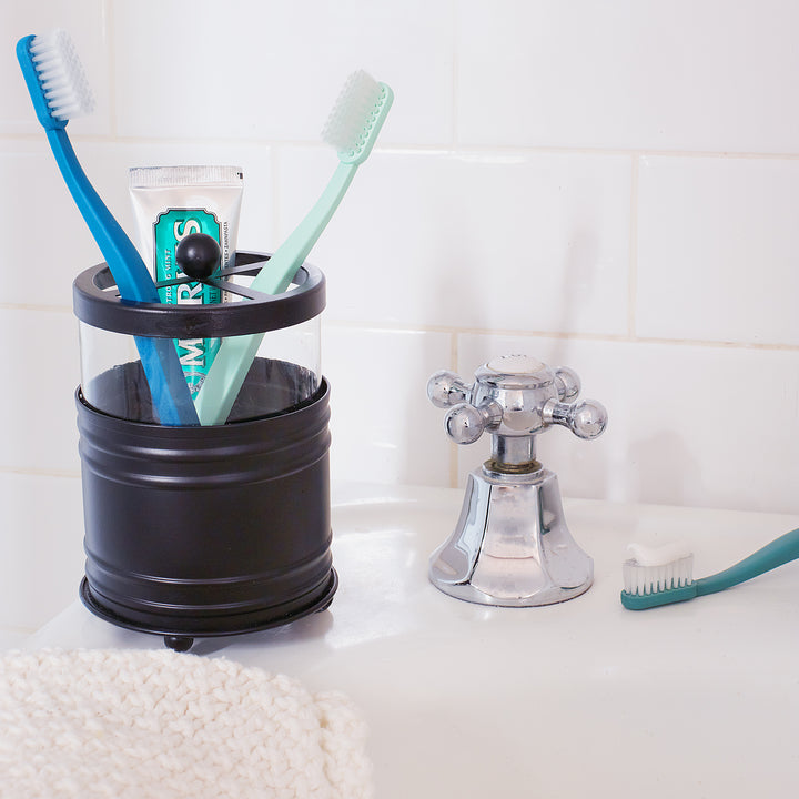 Glass and Black Metal Toothbrush Holder