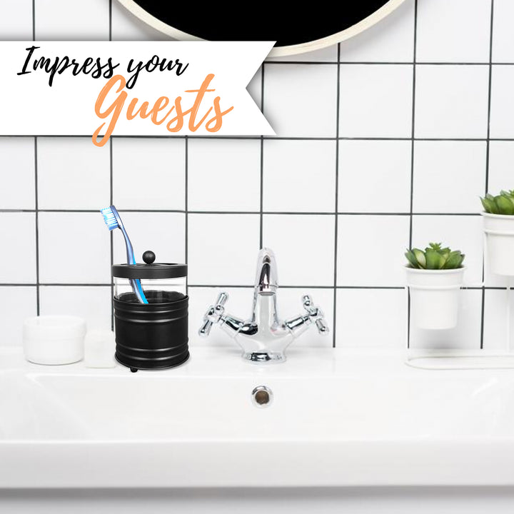Glass and Black Metal Toothbrush Holder