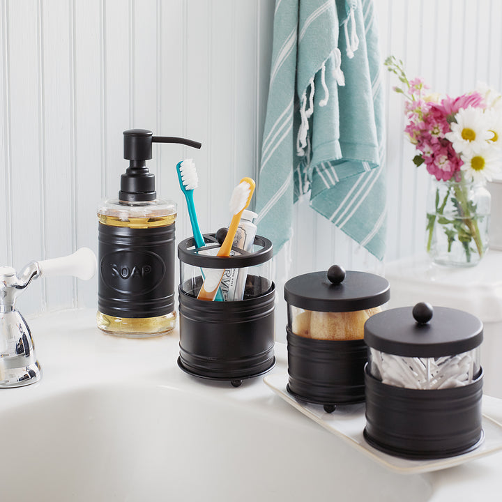 Glass and Black Metal Toothbrush Holder