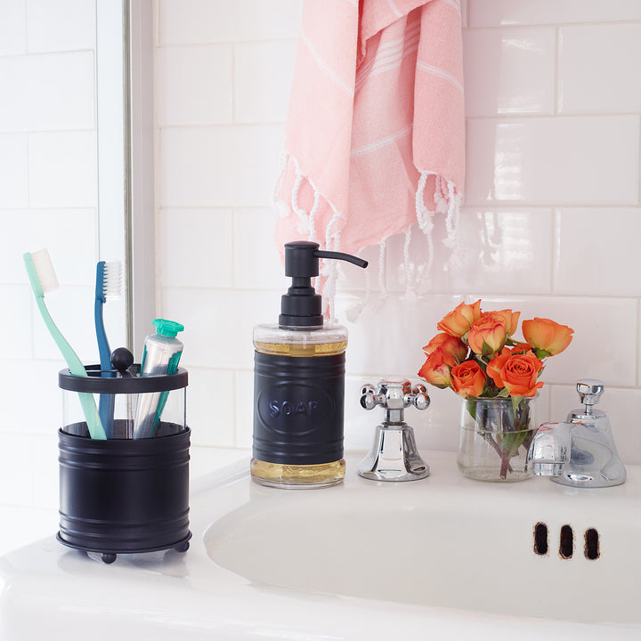 Glass and Black Metal Toothbrush Holder