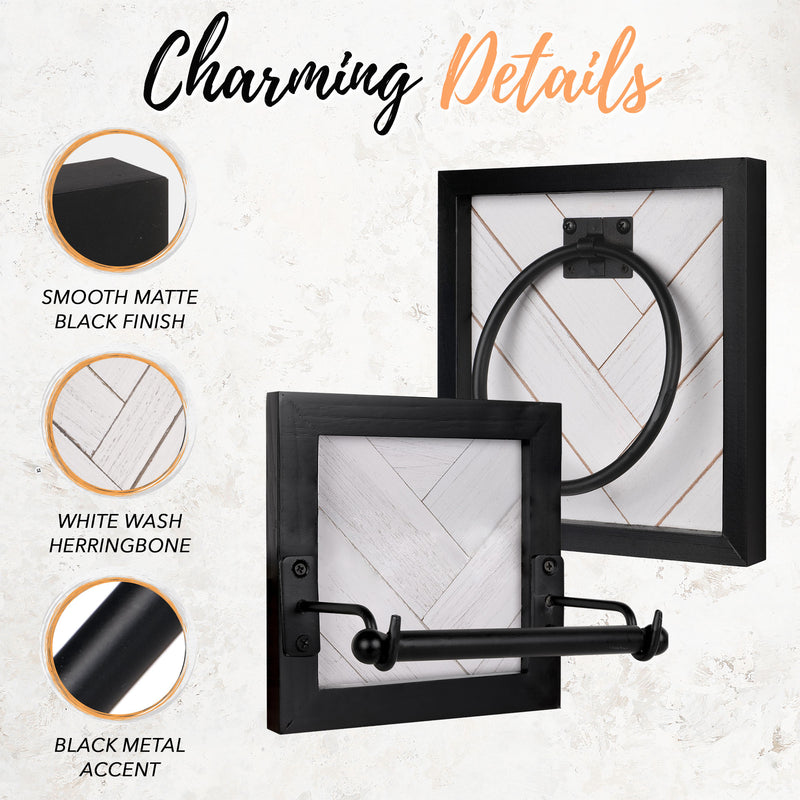 Autumn Alley Farmhouse Bathroom Accessory Set - Rustic Hand Towel Ring and Toilet Paper Holder with Unique Shiplap Design - Wall Mounted, Black and White, Wood and Metal