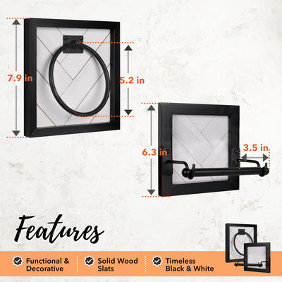 Autumn Alley Farmhouse Bathroom Accessory Set - Rustic Hand Towel Ring and Toilet Paper Holder with Unique Shiplap Design - Wall Mounted, Black and White, Wood and Metal