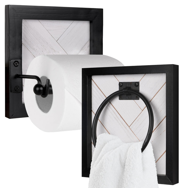 Autumn Alley Farmhouse Bathroom Accessory Set - Rustic Hand Towel Ring and Toilet Paper Holder with Unique Shiplap Design - Wall Mounted, Black and White, Wood and Metal