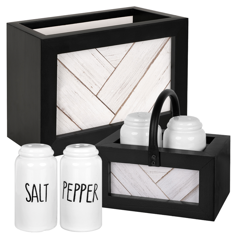 Shiplap 2-Piece Farmhouse Utensil Holder and Salt & Pepper Shakers Caddy Set