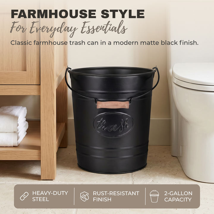 Black Metal Label Line Trash Pail - 2 Gallon Farmhouse Waste Bin