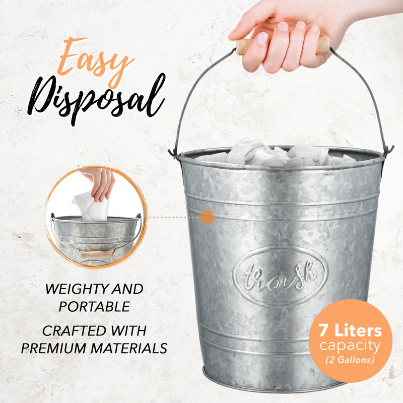 Rustic Garbage Pail Galvanized Trash Pail - 7L Farmhouse Trash Can with Wooden Handle ...