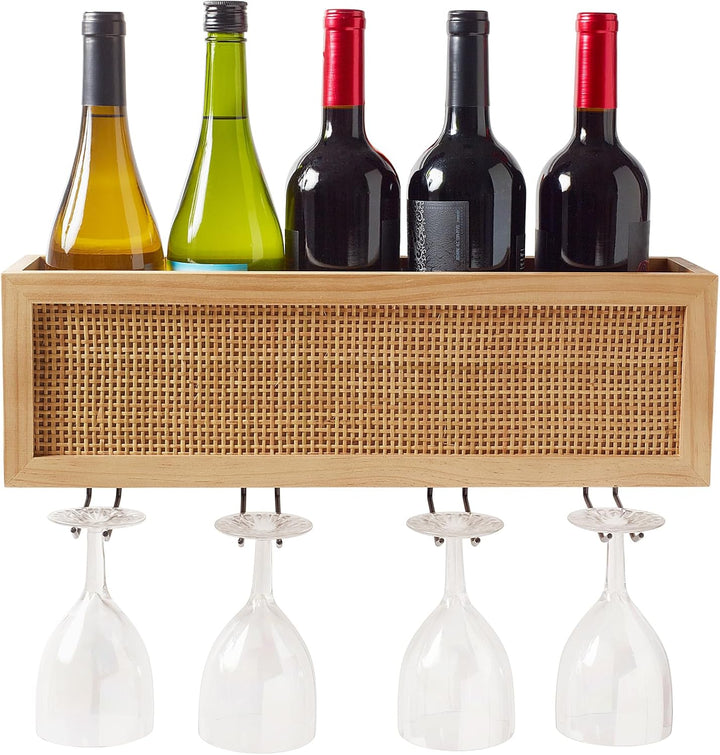 Wall Mounted Wine Rack with Glass Storage and Rattan Accent
