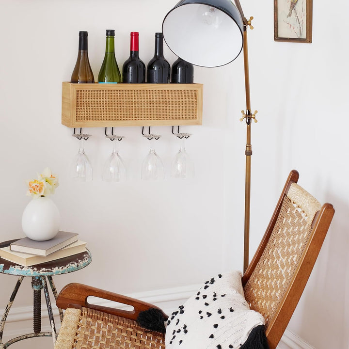 Wall Mounted Wine Rack with Glass Storage and Rattan Accent