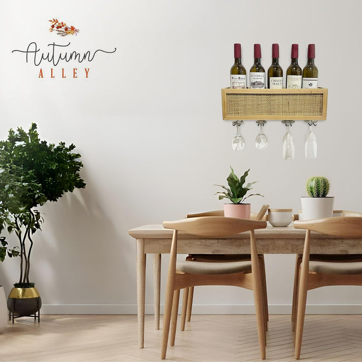 Wall Mounted Wine Rack with Glass Storage and Rattan Accent