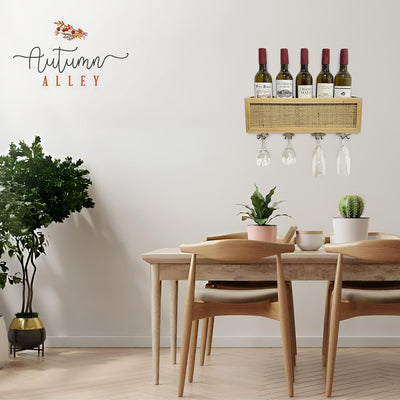 Wall Mounted Wine Rack with Glass Storage and Rattan Accent