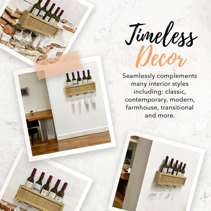 Wall Mounted Wine Rack with Glass Storage and Rattan Accent