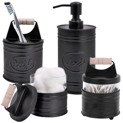 Autumn Alley 4 Piece Black Bathroom Set with Soap Dispenser, Toothbrush Holder & 2 Apothecary Jars. Wooden Handles and Embossed Labels read 'Wash' and 'Brush' in stylized cursive