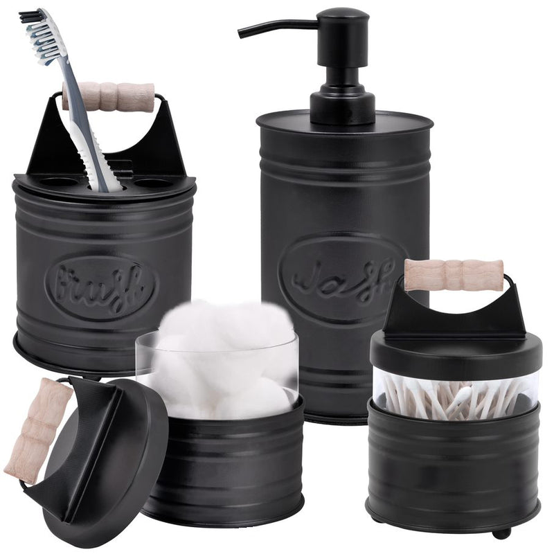 Autumn Alley 4 Piece Black Bathroom Set with Soap Dispenser, Toothbrush Holder & 2 Apothecary Jars. Wooden Handles and Embossed Labels read &