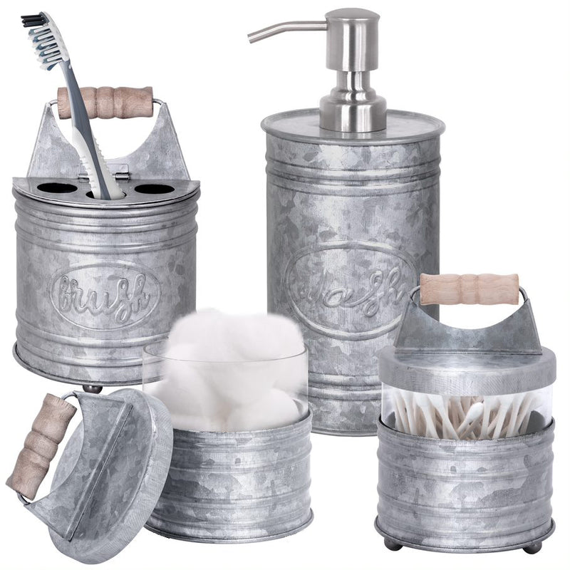 Autumn Alley Bathroom Accessories Set 4 - Galvanized Farmhouse Soap Dispenser, Toothbrush Holder, 2 Apothecary Jars - Galvanized Gray
