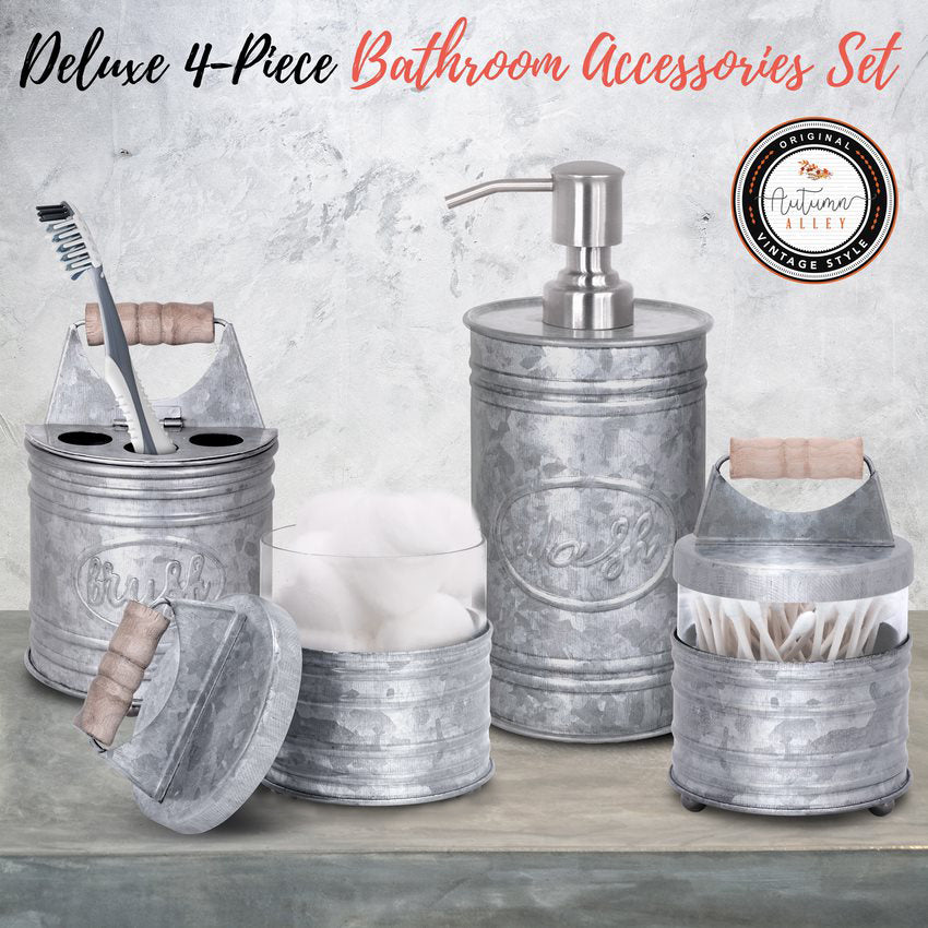Autumn Alley Bathroom Accessories Set 4 - Galvanized Farmhouse Soap Dispenser, Toothbrush Holder, 2 Apothecary Jars - Galvanized Gray