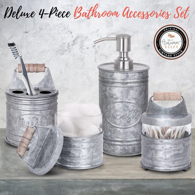 'Deluxe 4-Piece Bathroom Accessories Set': Autumn Alley 4 Piece Galvanized Bathroom Set with Soap Dispenser, Toothbrush Holder & 2 Apothecary Jars